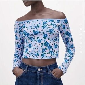 Zara Blue Off the Shoulder Floral Crop Top NWT